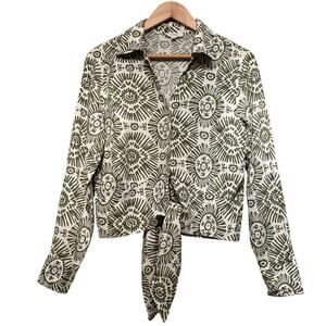 Haute Hippie Green Sunburst Blouse, M | Linen Blend, Tie-Front, Boho Luxe NWOT